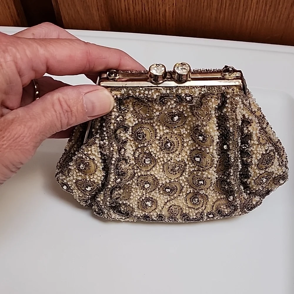Elegant Beaded Clutch in Cream and Brown